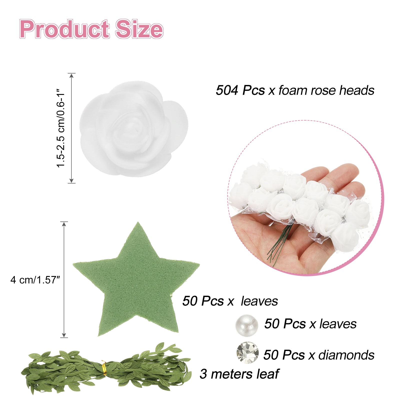 504pcs Foam Rose Heads 1.5-2.5 cm for DIY Crafts Accessories, White