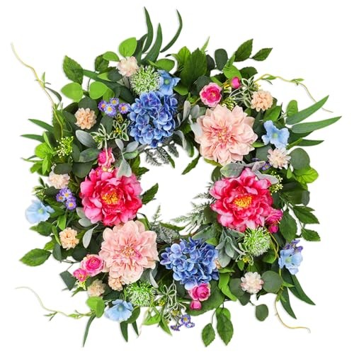 24 Inch Spring Wreaths for Front Door, Artificial Front Door Wreath Hydrangea