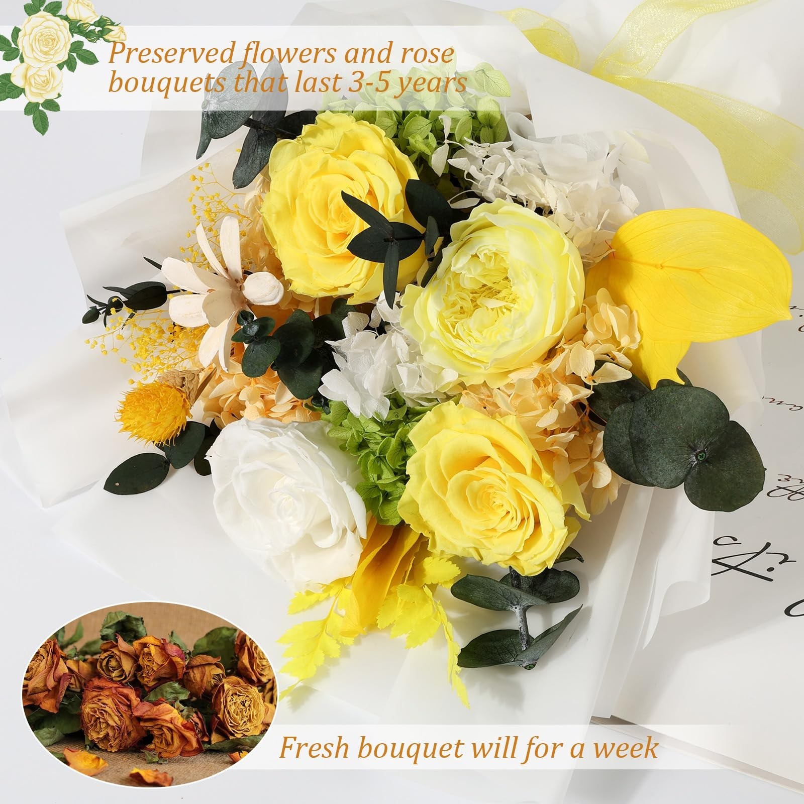 TYL&TYS Preserved Flowers Bouquet Yellow Forever Roses 3-5 Years