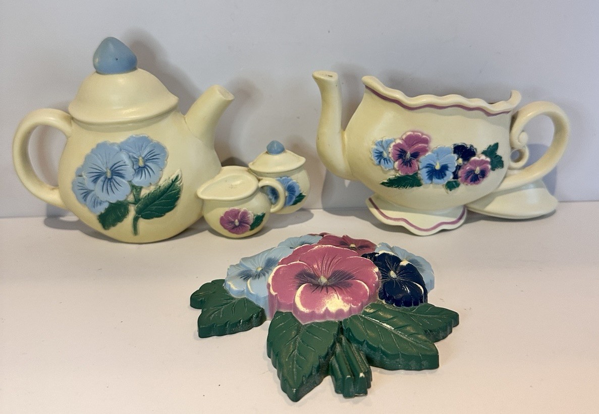 Vintage Burwood Pansy Flower & Teapot Wall Hanging Plaques Set (3)