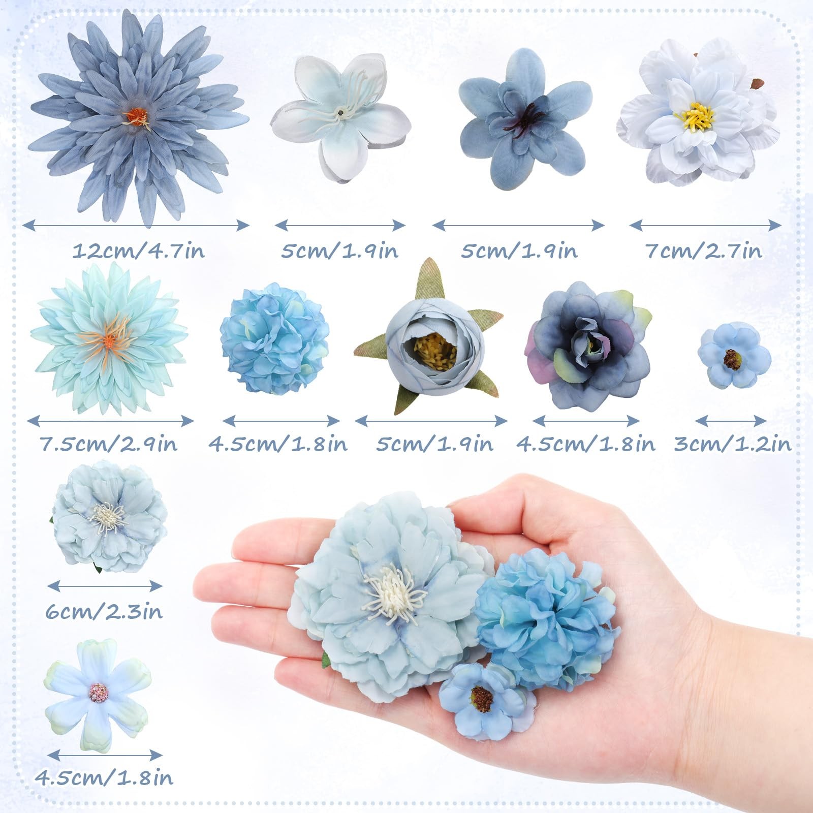 80 PCS Blue Assorted Fake Flower Heads Mini Artificial Silk Daisy Peony