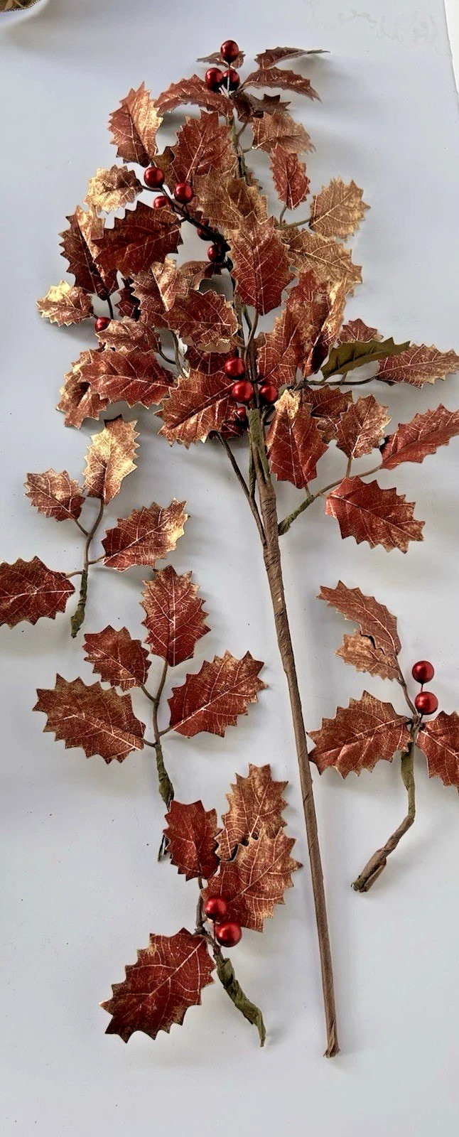 Copper Red Holly Spray 25″L Metallic Leaves Berries Stem Artificial Christmas