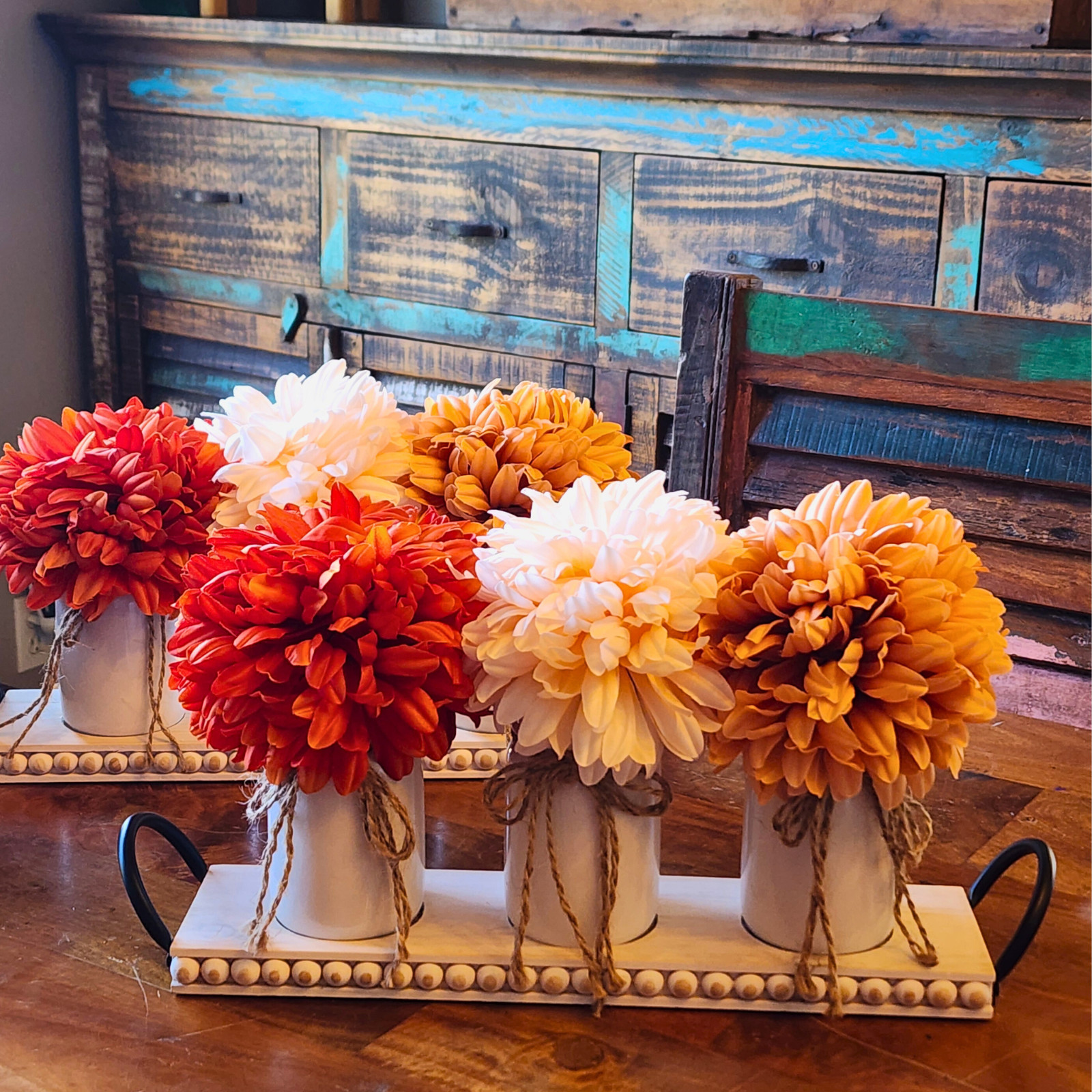Fall Dahlia Floral Centerpiece – Vase Trio on Wood Tray – Farmhouse Table Decor