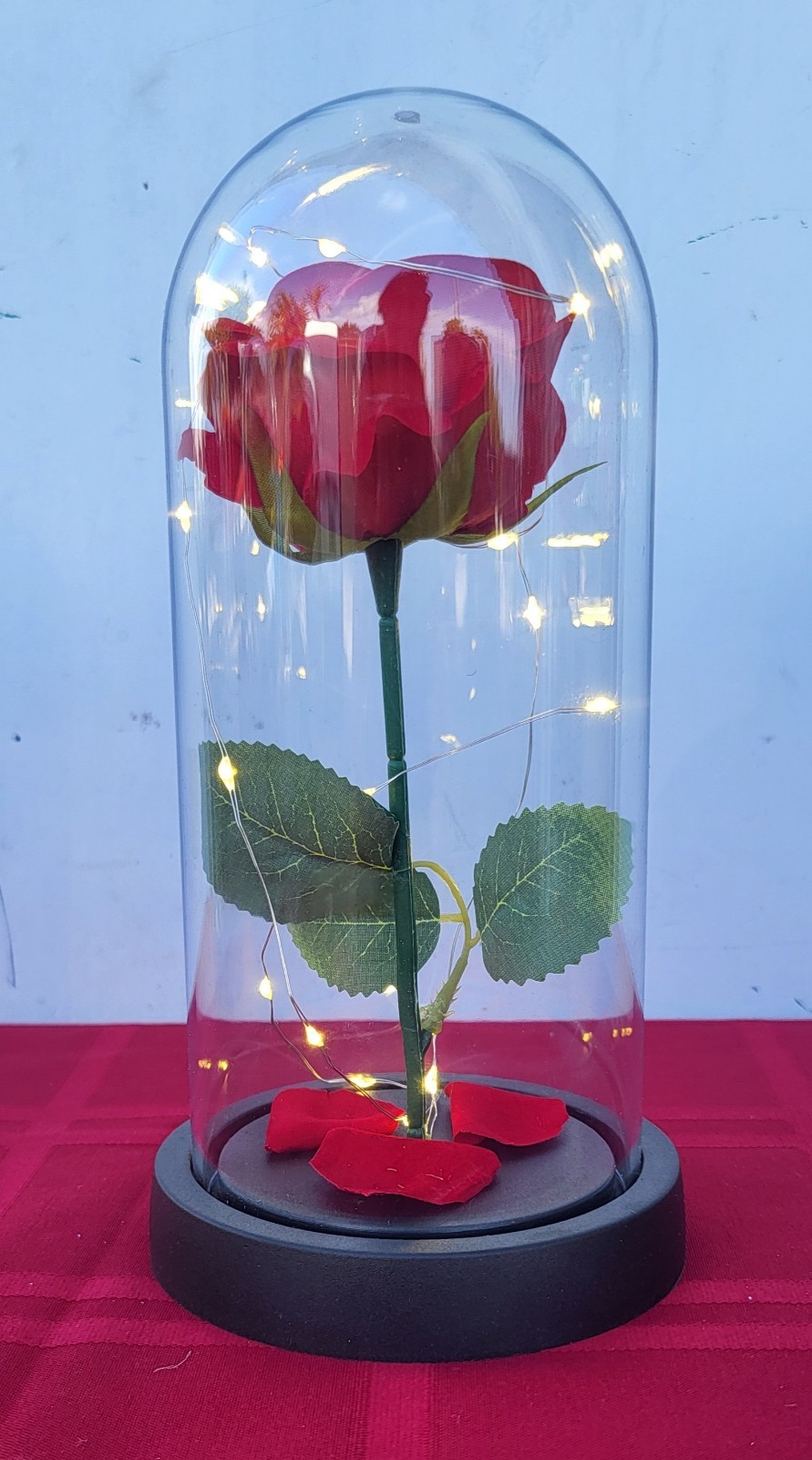 Lot of 6 Artifical Forever Red Roses with LED Fairy Lights In Clear Display Dome
