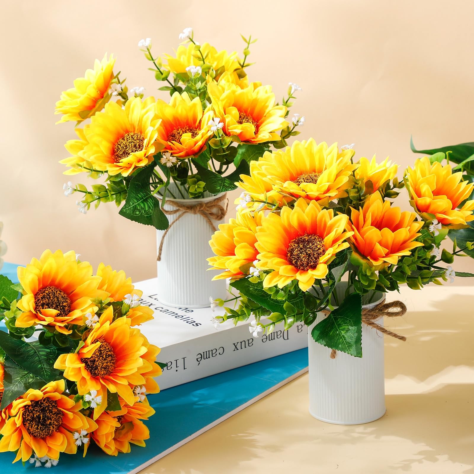 3 Sets Sunflowers Centerpieces for Tables Artificial Sunflower with Vase Rust…