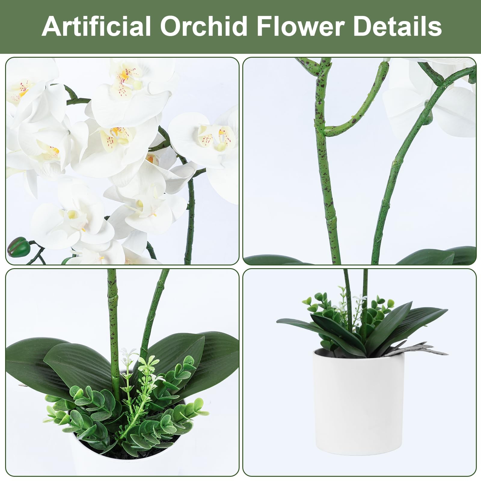 Artificial Orchid Flower Potted, 16.9″ White Orchid in Pot Faux Plant with 2 …