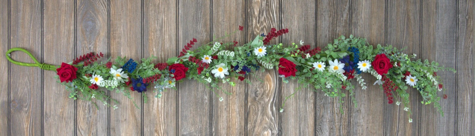 New Patriotic Americana Blue WHITE DAISY RED ROSE GARLAND Swag Vine 4′