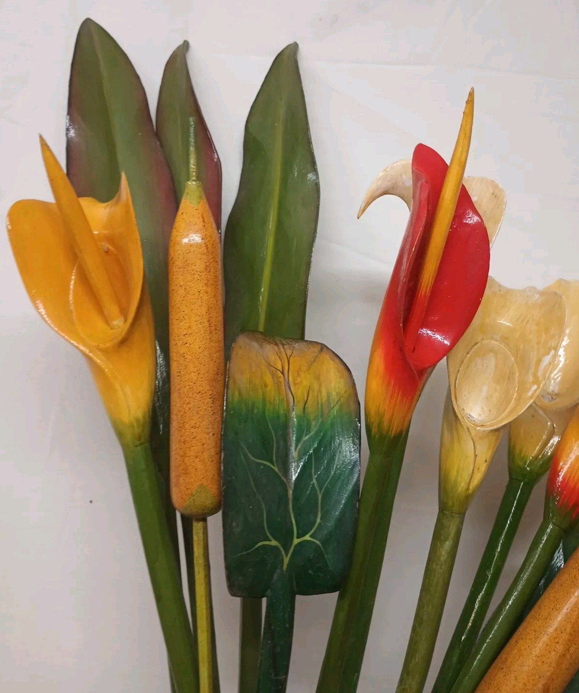 VTG Wood Tropical Flowers Long Stem 36″ Leaves Lot Of 13 Wooden Painted Carved