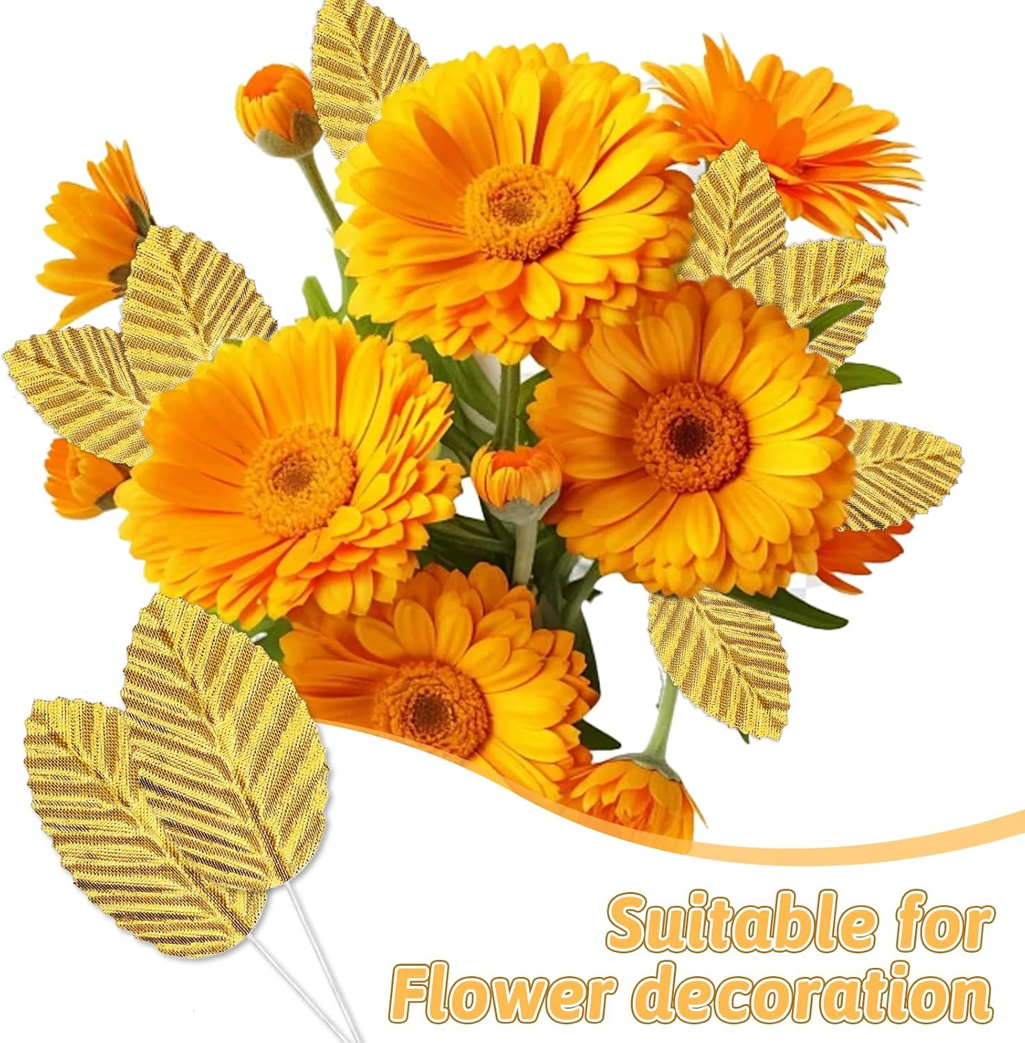 200 Pcs Artificial Leaves with Stems DIY Corsage Single Leaf Crafts Gold Floral