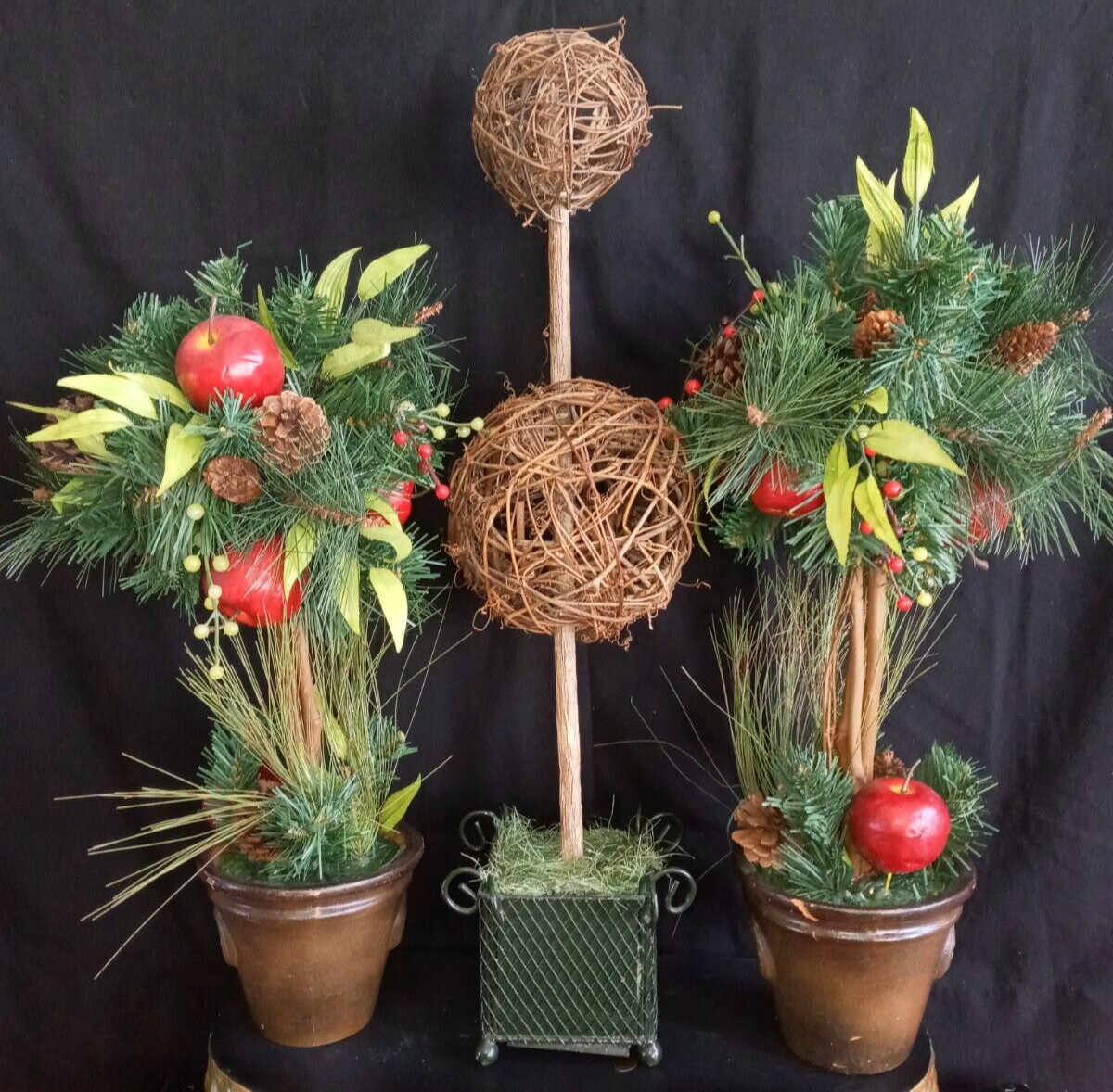 lot of 3 Topiaries 2 (18″) Apple Pinecone 1 ( 24″) Double Grapevine Topiary