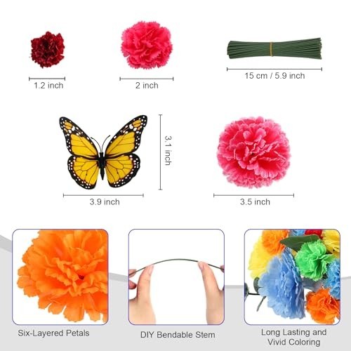 108pcs Silk Marigold Flower Heads with Stems – Mixed Colors for Dia de los Muert