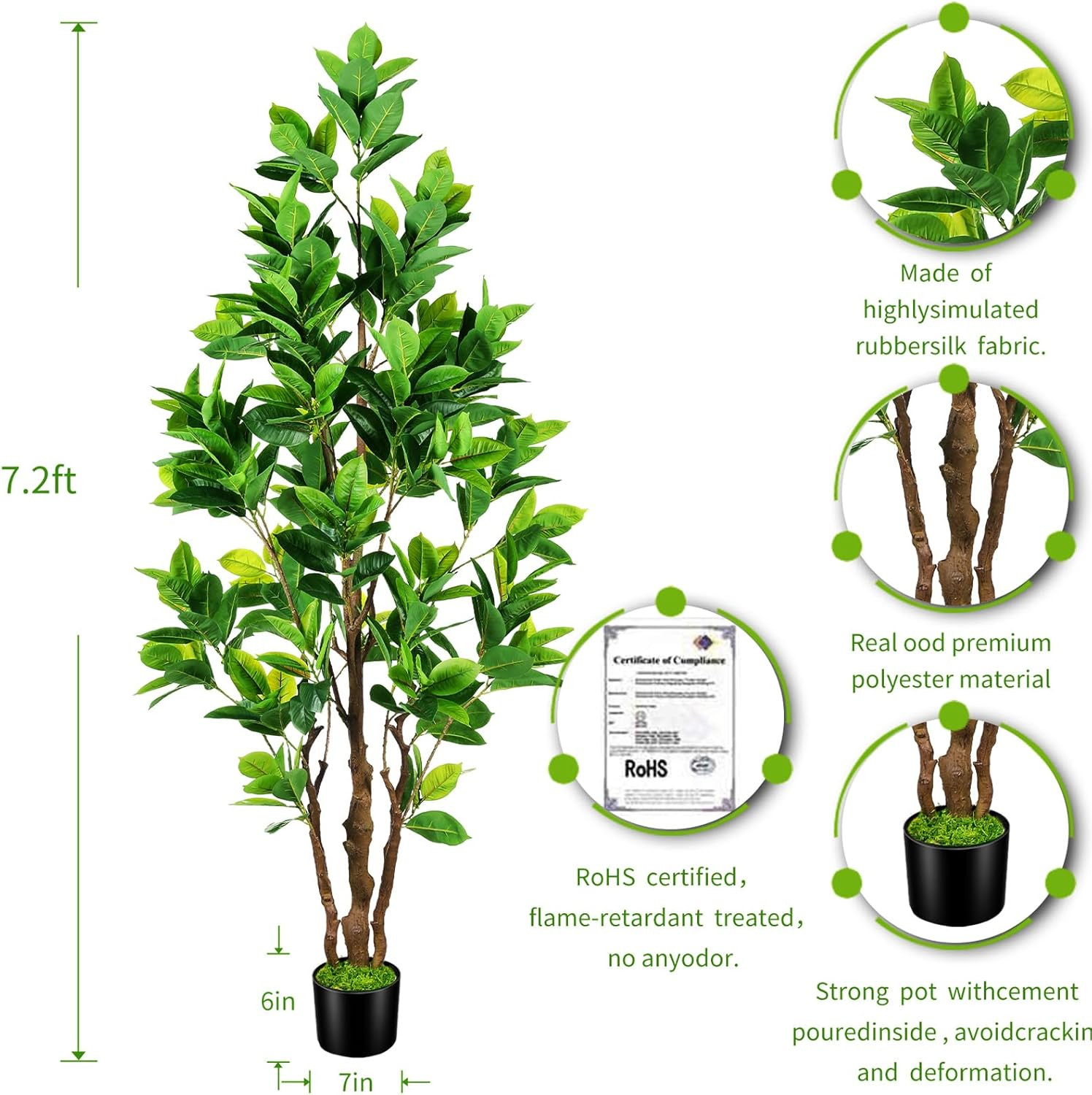 7.2Ft Faux Rubber Tree with Pot – Perfect Indoor/Outdoor Decor for Home & Office