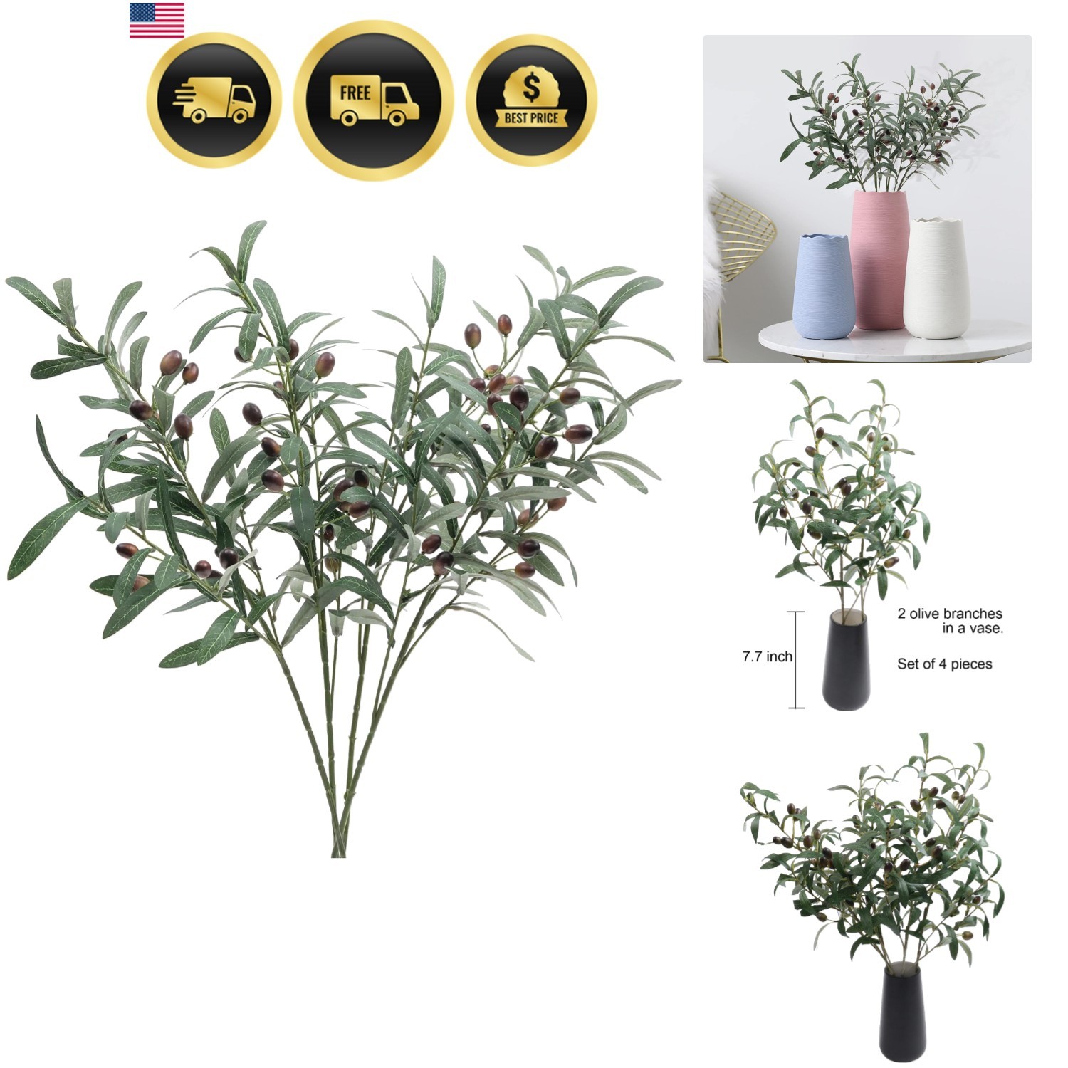 4 PCS 28 inch Artificial Olive Branches for Vases Greenery Olive Stems Faux T…