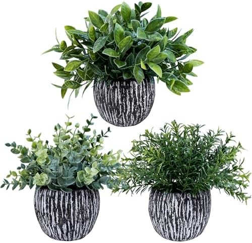 Set of 3 Artificial Potted Plants Faux Eucalyptus Rosemary Boxwood Greenery in B