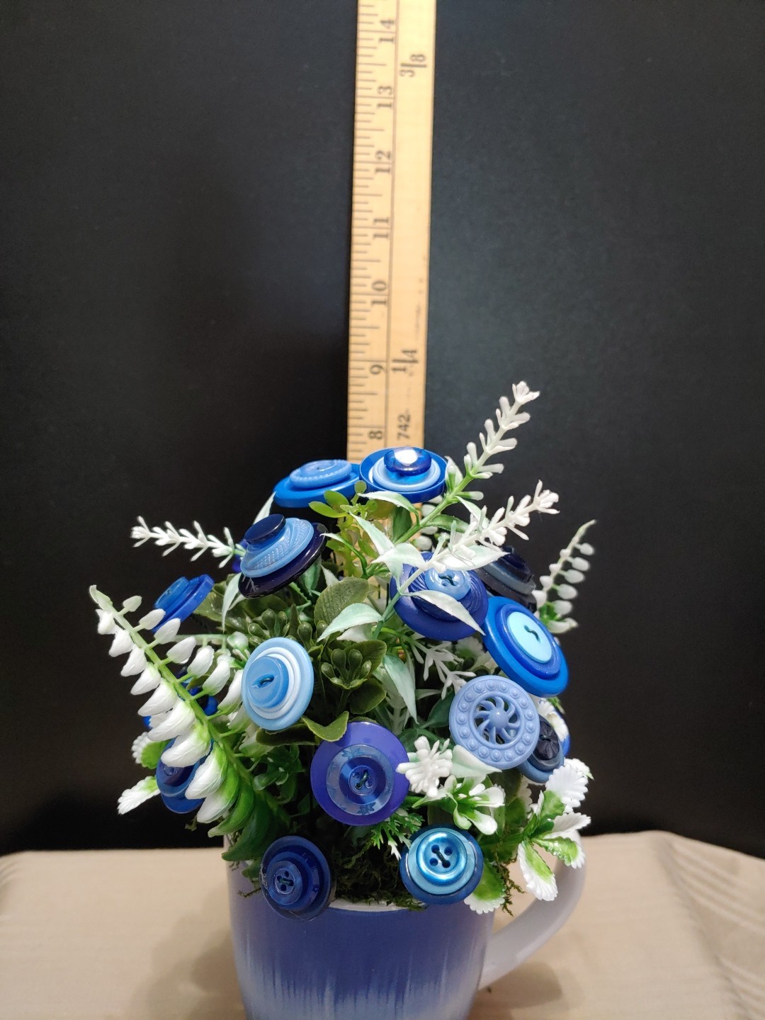 Blue Button Flower Bouquet With Greenery In Blue White Coffee Mug Vintage Button
