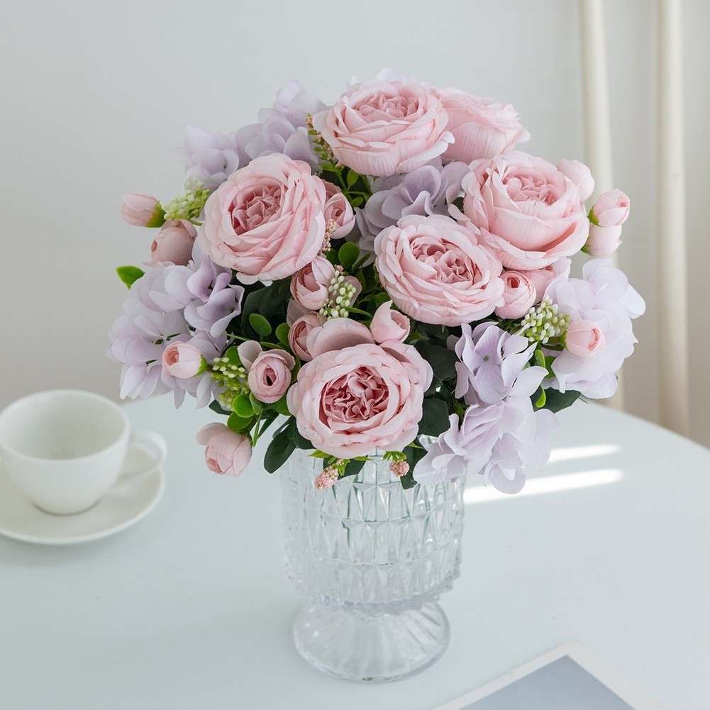 Wedding Bouquet with Silk Peony Hydrangea Flowers for Home Decor Display