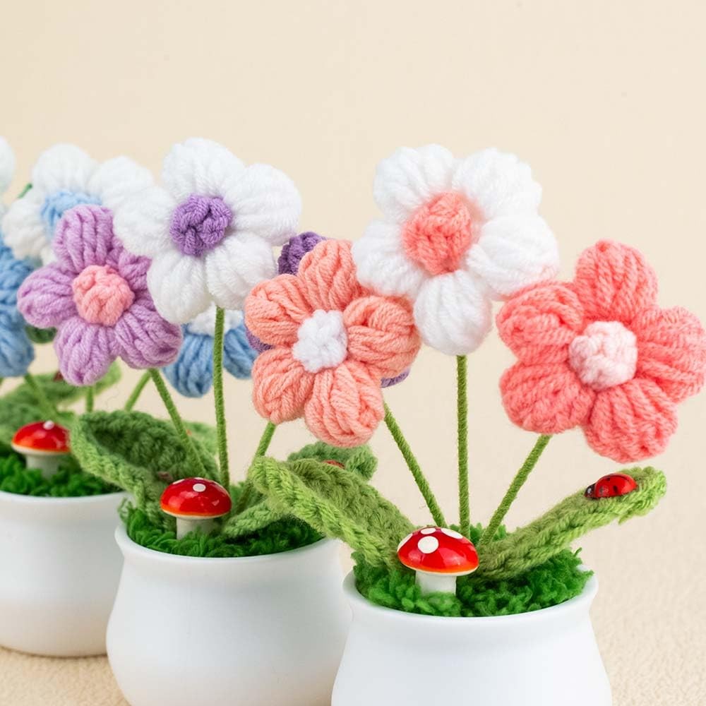 Pink Crochet Puff Flowers Cute Potted Plants Car Dashboard Home Decor Gift