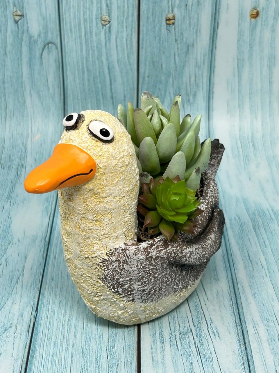 6.5″ Potted Lg SEAGULL Blob House pot with Artificial Senecio & Echeveria Cabbag