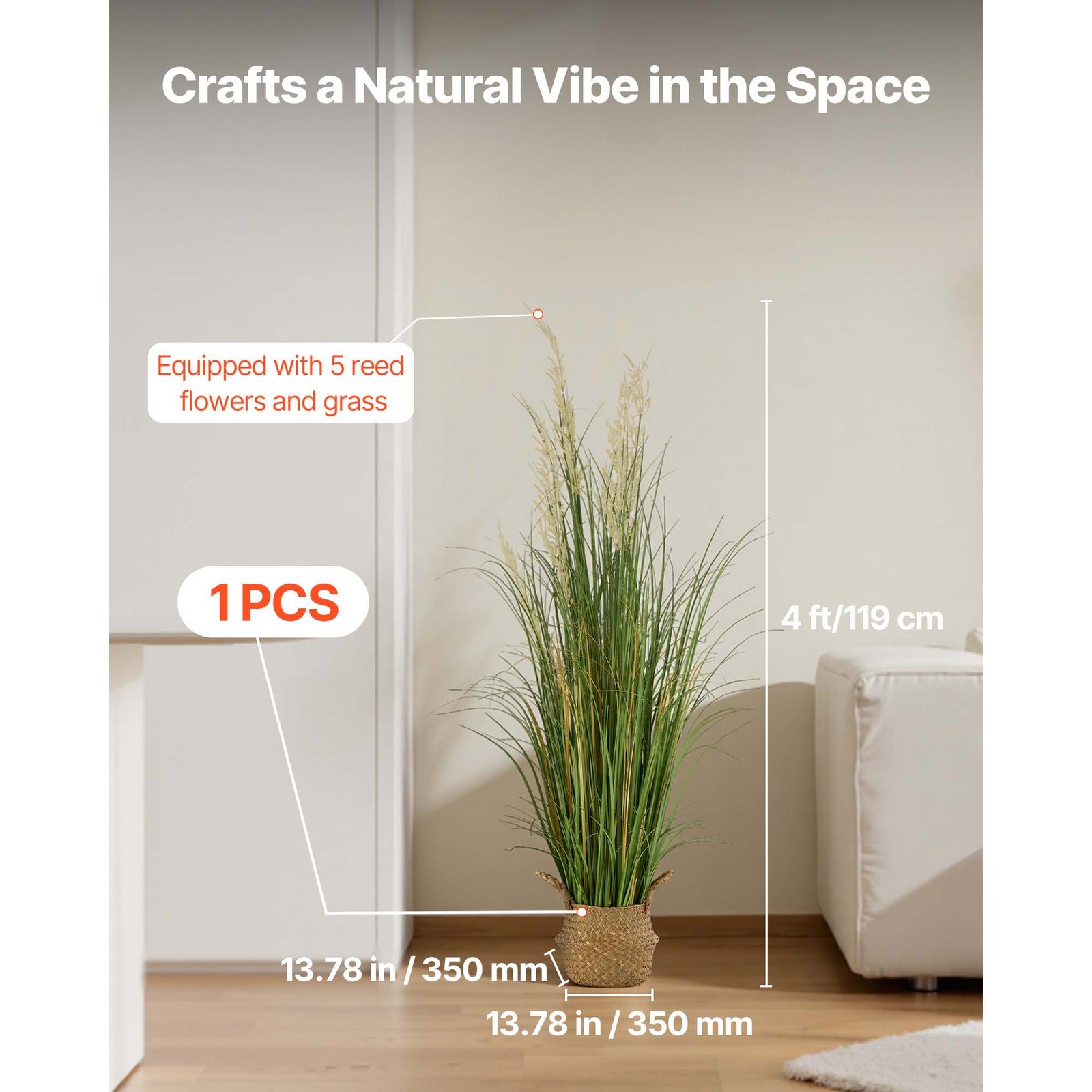 Uimoso Artificial Grass Plant 47-Inch Reed Flower Grass in Pot, Green, 1 Pack