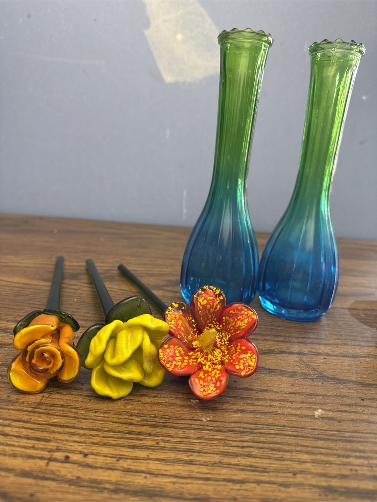 Vintage Art Glass Flower Stems & Blue Green Bud Vases Lot – Hand Blown Decor