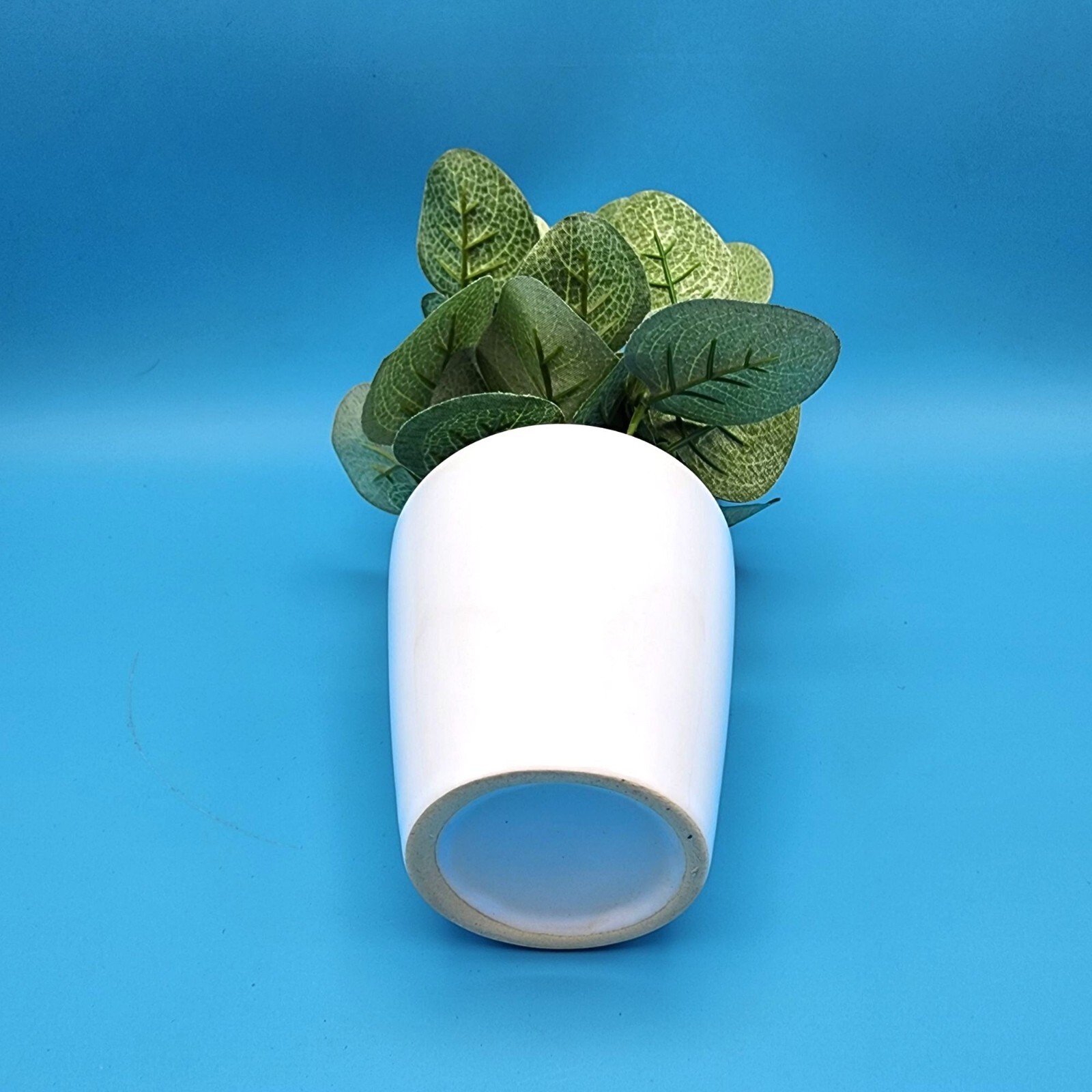 Faux Eucalyptus Potted Plant In White Ceramic Pot 8″ H Realistic Green Leaves
