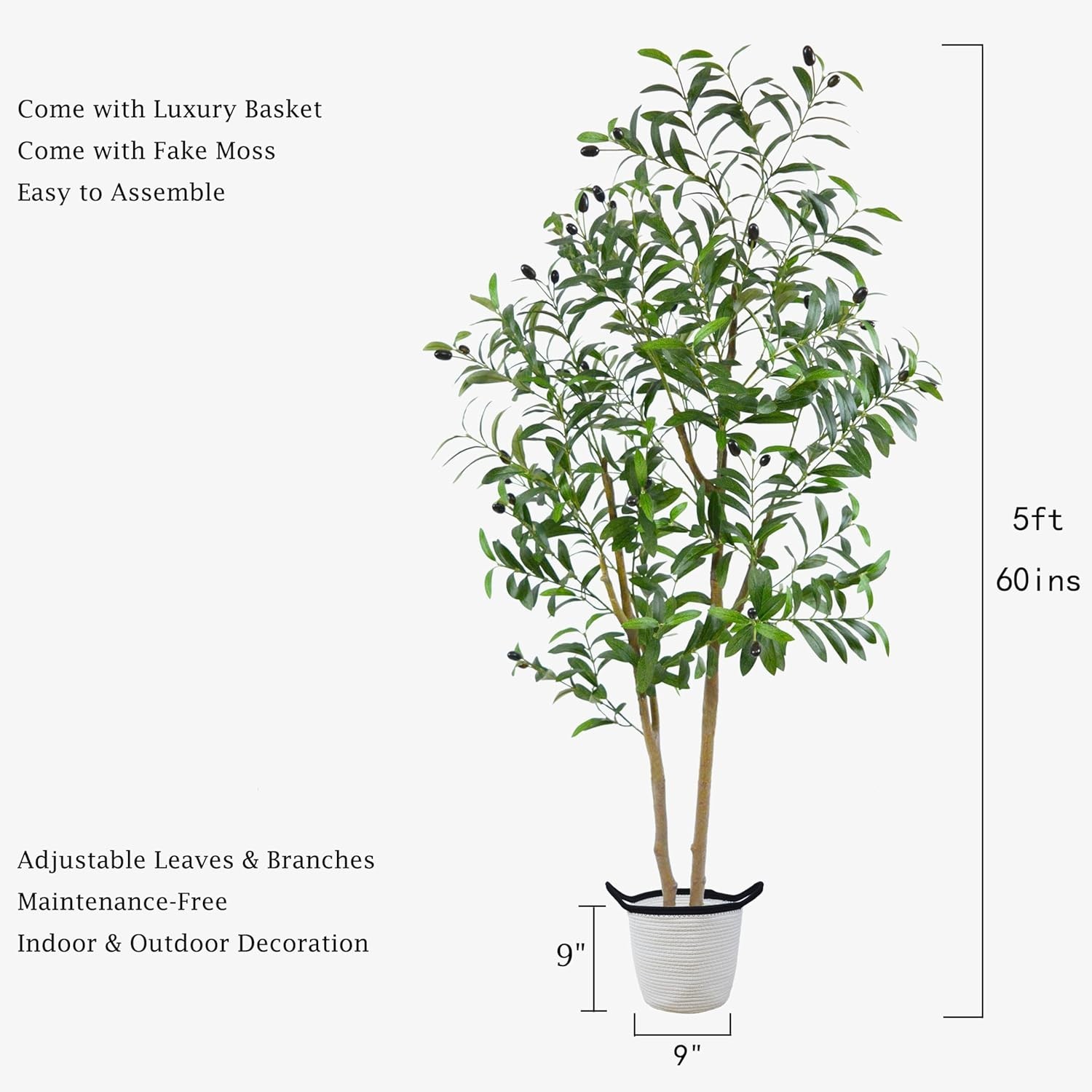 Artificial Plant Fake Tree with Basket, Lifelike Silk Potted Plants, 5ft Olive