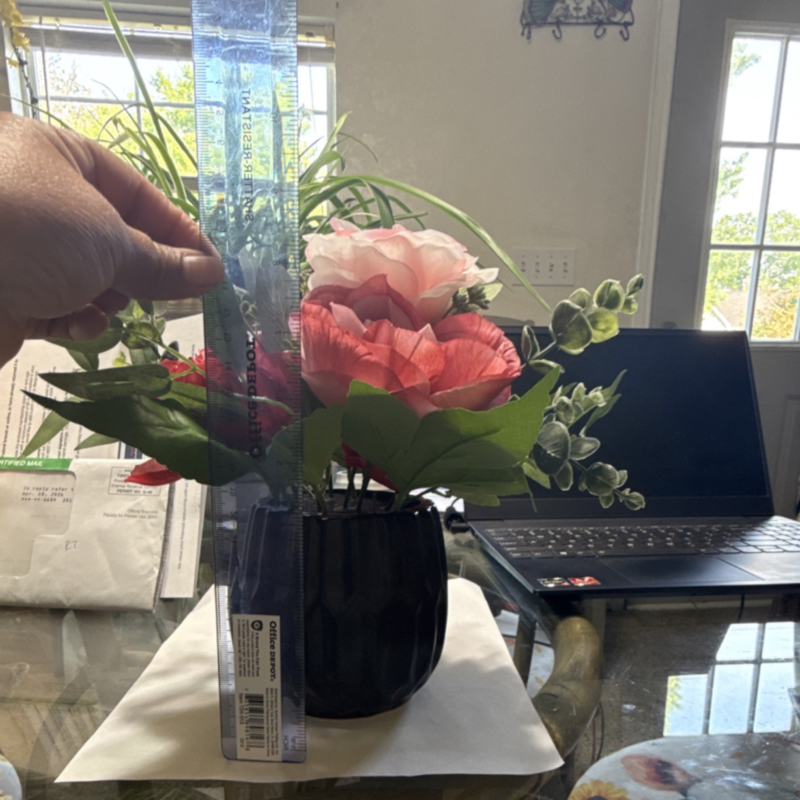 Artificial Rose Flower Arrangement in Black Vase, Pink Red Green