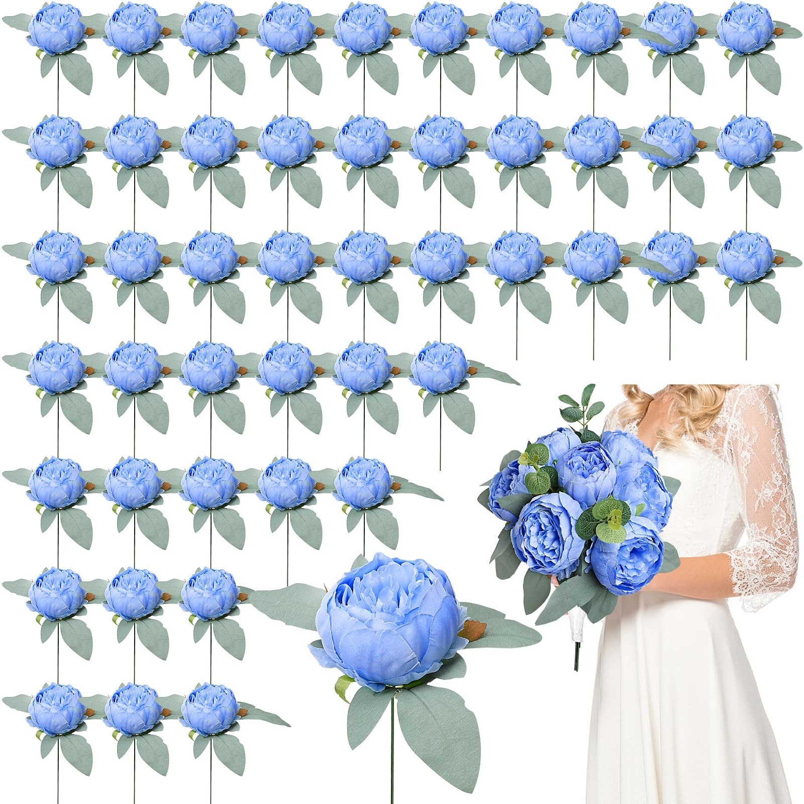 50 PCS Blue Artificial Peonies Fake Silk Flower Heads Table Wedding Decor 4″