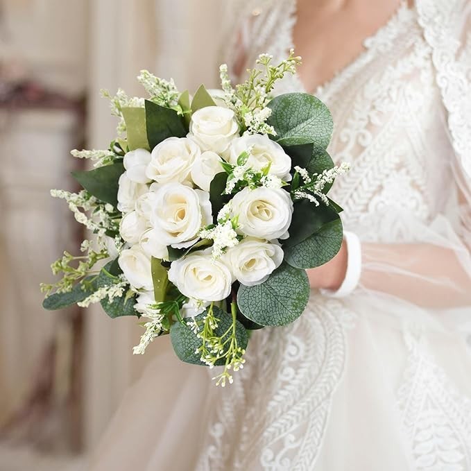 Wedding Bouquets for Bride Bridesmaid 7.8″ White Ivory Bouquet Artificial Sil…