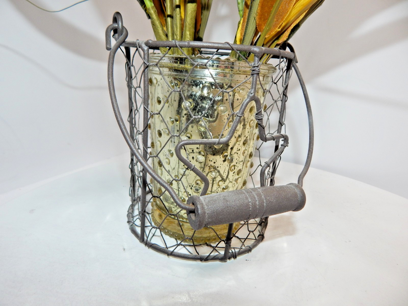 Bouquet Mix Artificial Fall Foilage ripened wheat grains stems glass wire basket