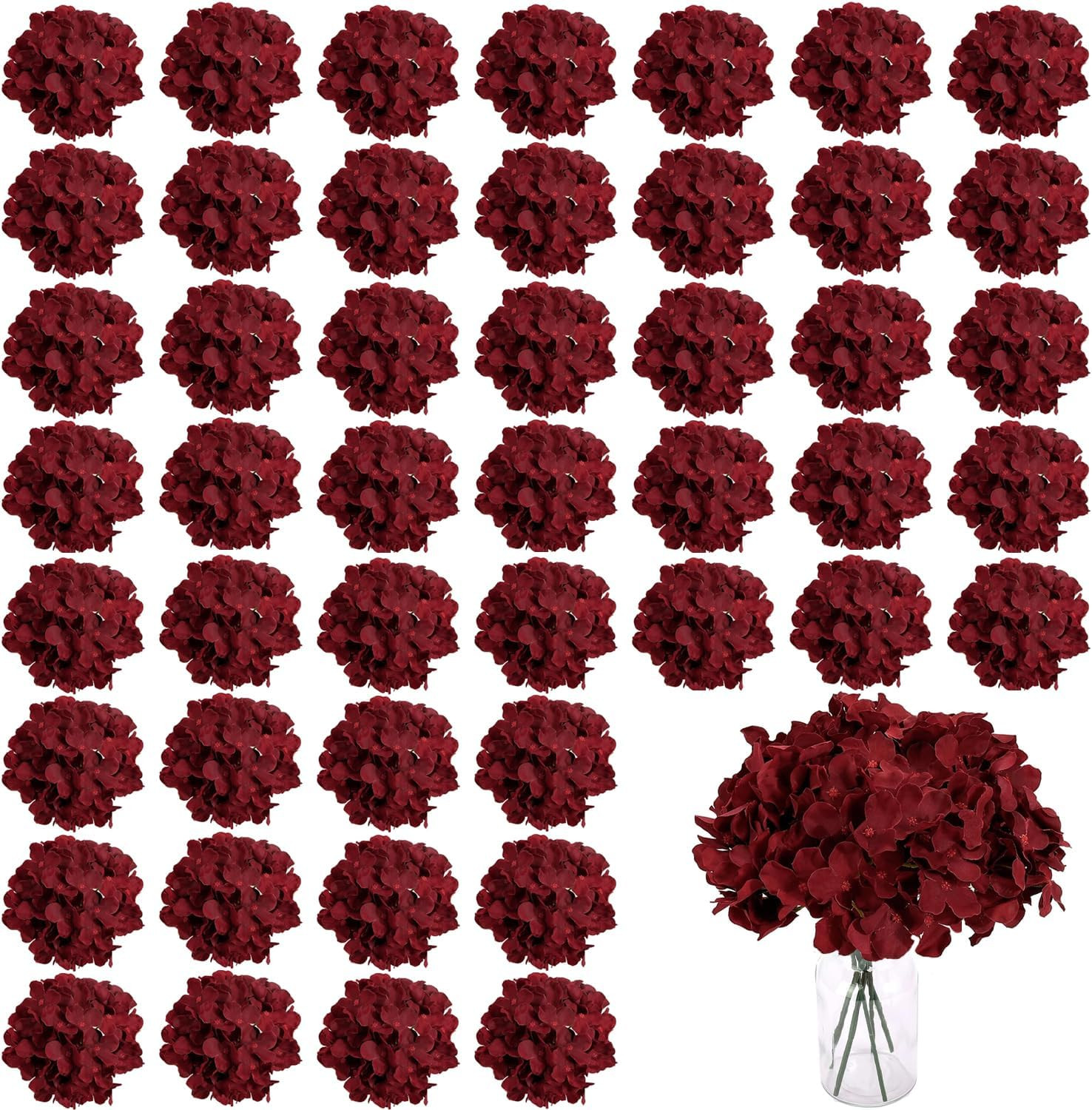 100PCS Burgundy Silk Hydrangea Flowers with Stems for Wedding & Home Decor