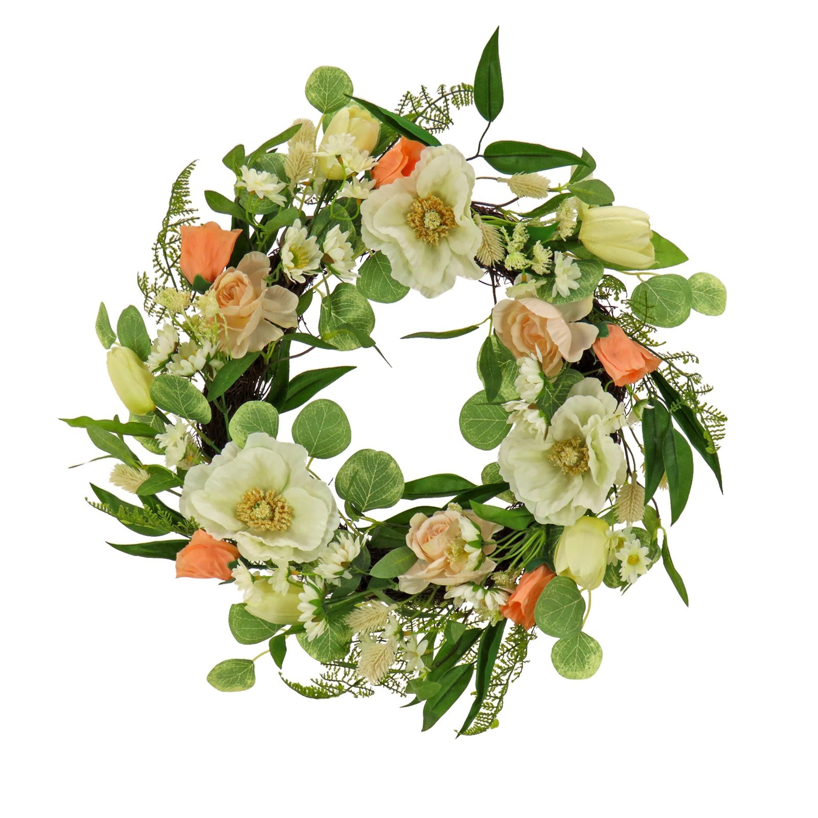 22″ Artificial Spring Wreath with Tulip, Poppy & Buttercup – Realistic Floral De