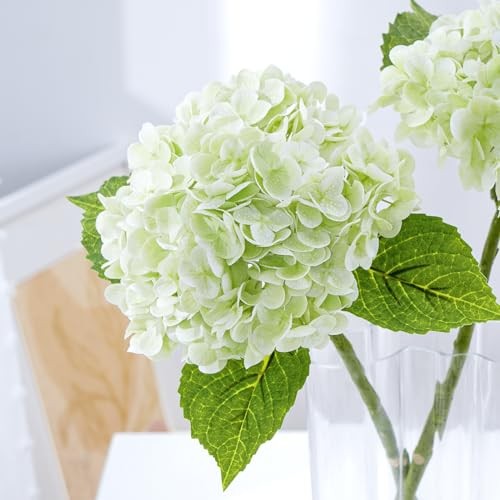 4 Pcs Hydrangea Artificial Flowers, 2 Green & 2 White Real Touch Flowers, 21″