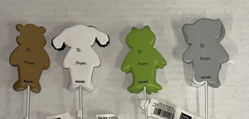 Lot x4 Get Well Soon Feel Better Gund Ceramic Floral Picks Dog Bear Frog 11″ Set
