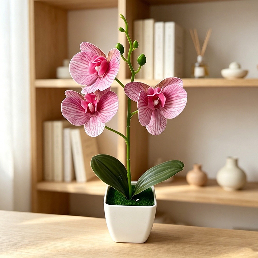 Artificial Phalaenopsis Orchid in White Square Pot for Home Office Decor