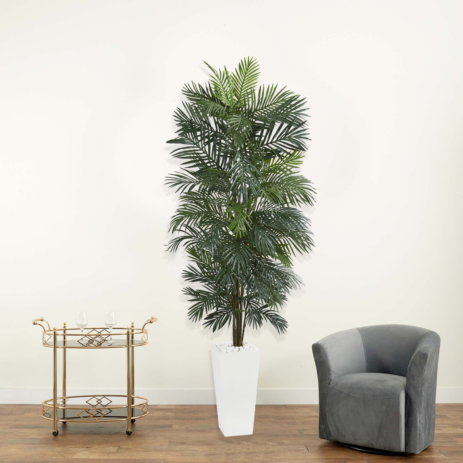 Nearly Natural 7ft Areca Artificial Tree in White Tower Planter in Green