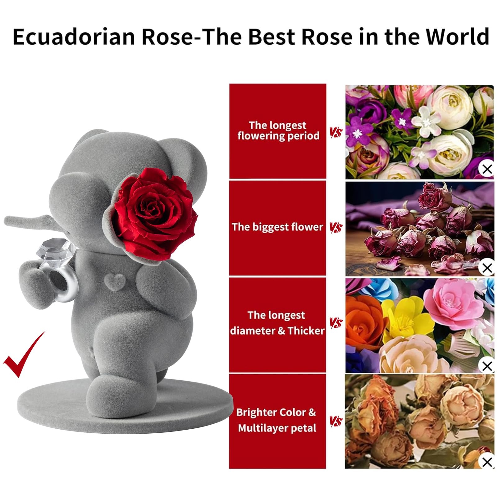 JoyFlower Cute Teddy Bear with Preserved Flowers, Eternal Real Red Rose with