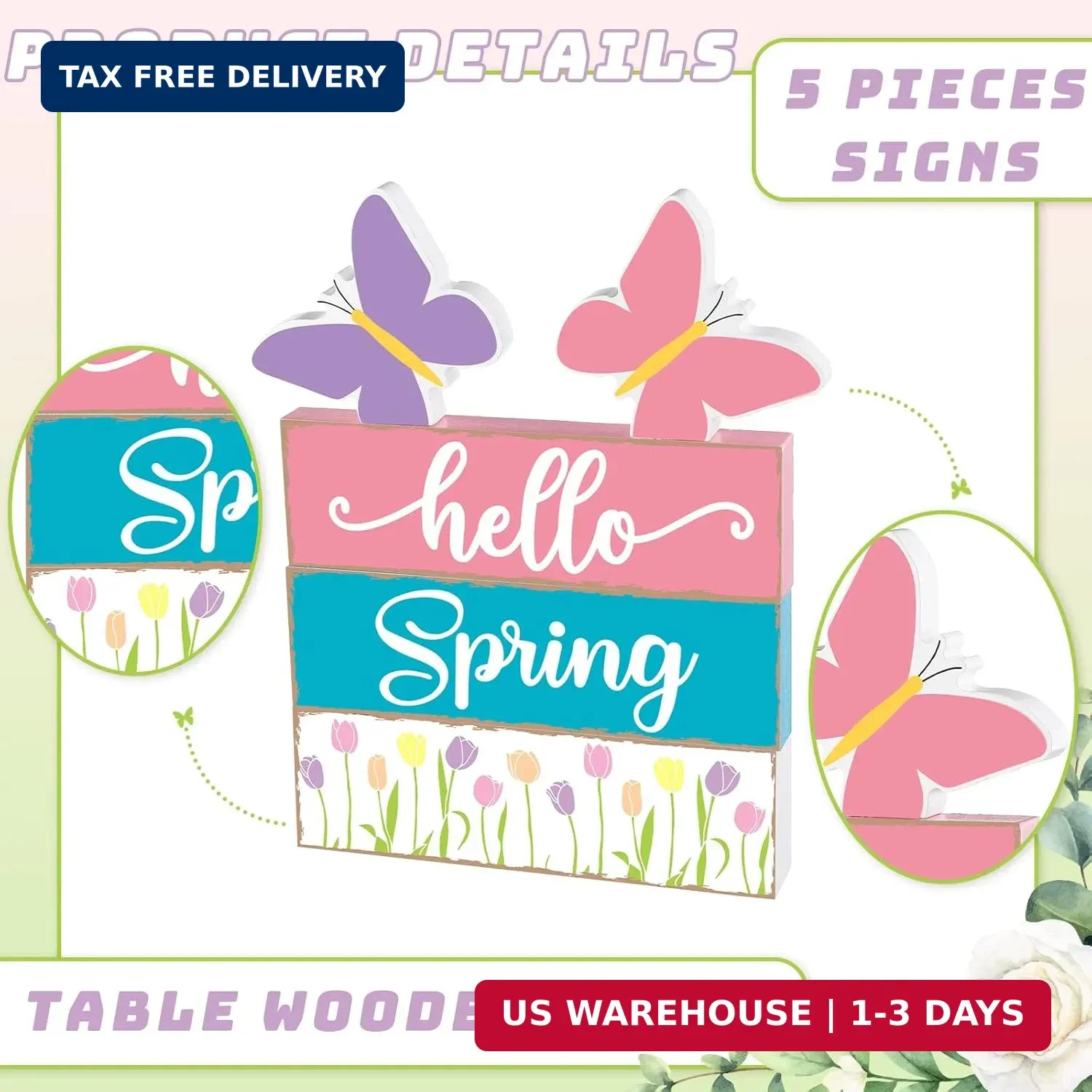 5 Pcs Hello Spring Table Centerpieces Decoration Farmhouse Spring Home House Dec