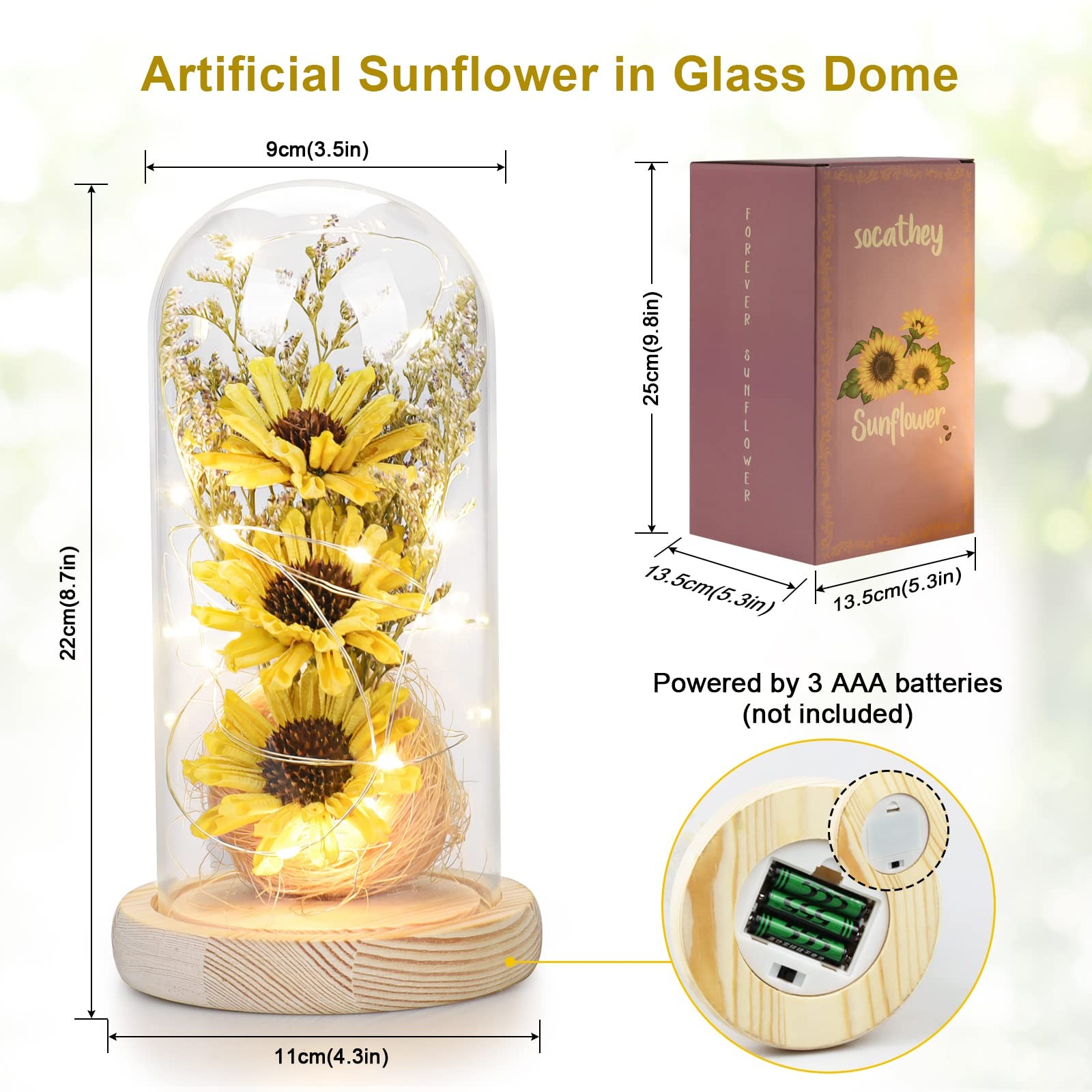 Sunflower Gifts For Women Artificial Sunflowers In Glass Dome With Led Strip 1ps