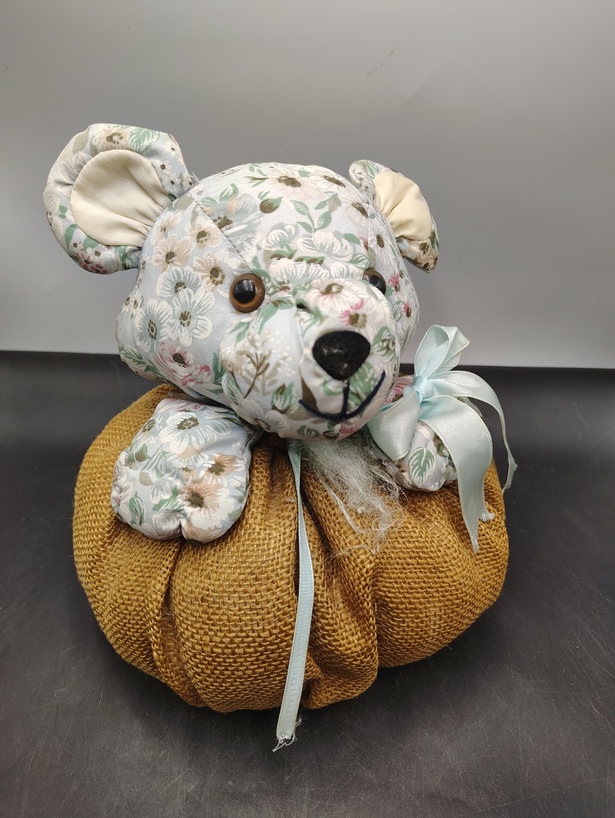 VTG Floral Teddy Bear Burlap Pumpkin Fabric Doorstop 9 Inch Heavy 3 Lb