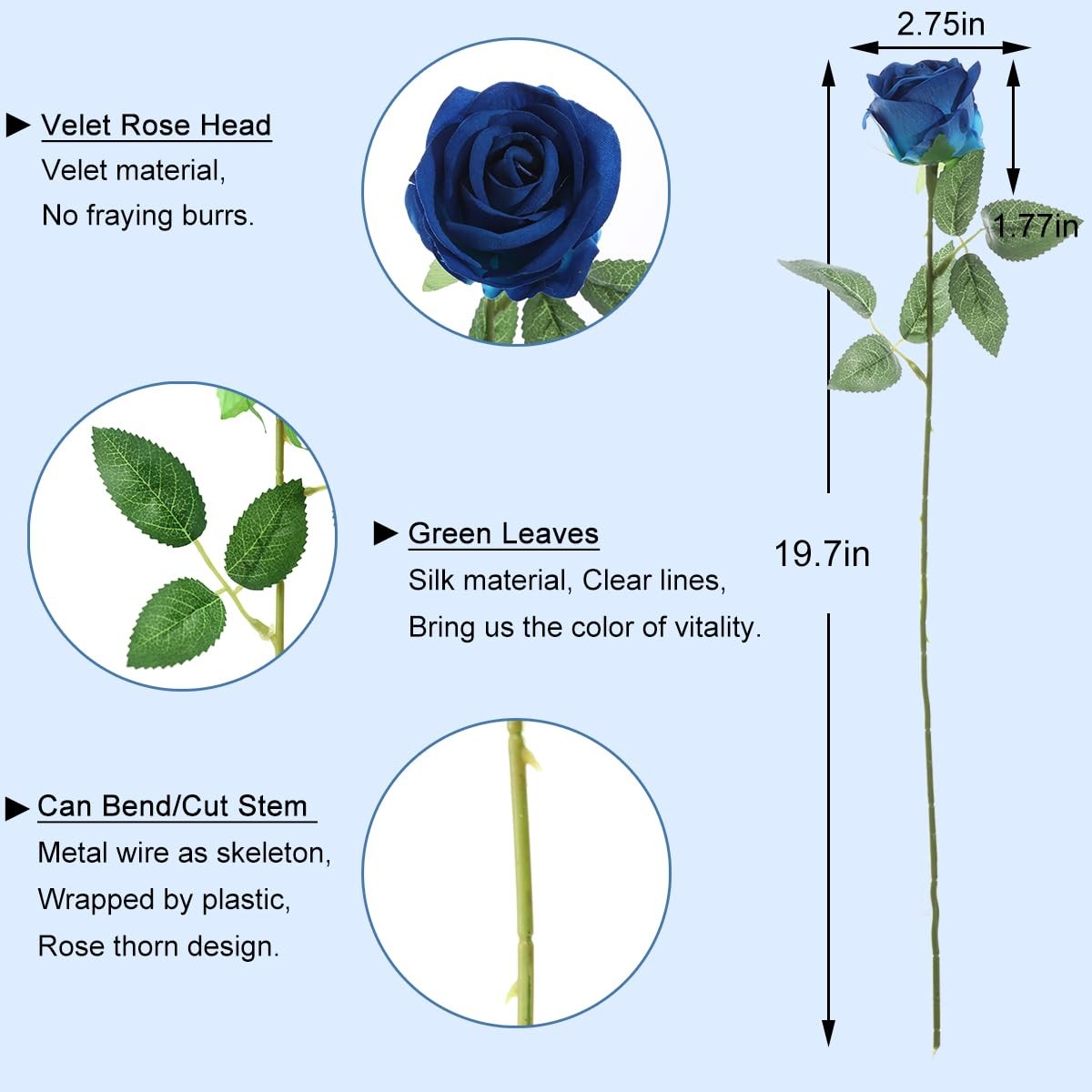 12 PCS Blue Roses Artificial Flowers Faux Velvet Silk Home Wedding Decor