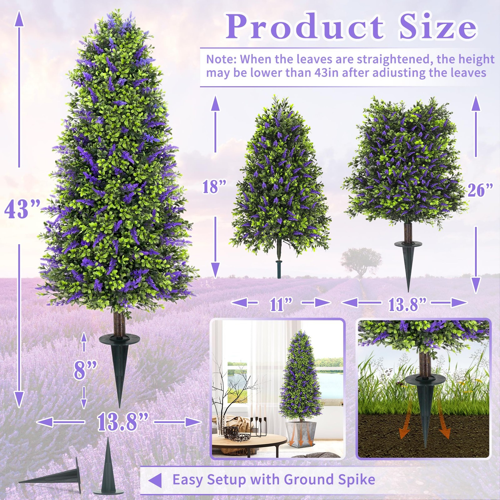 43″ Artificial Boxwood Lavender Topiary Tree with Ground Spike, Set of 2 Arti…
