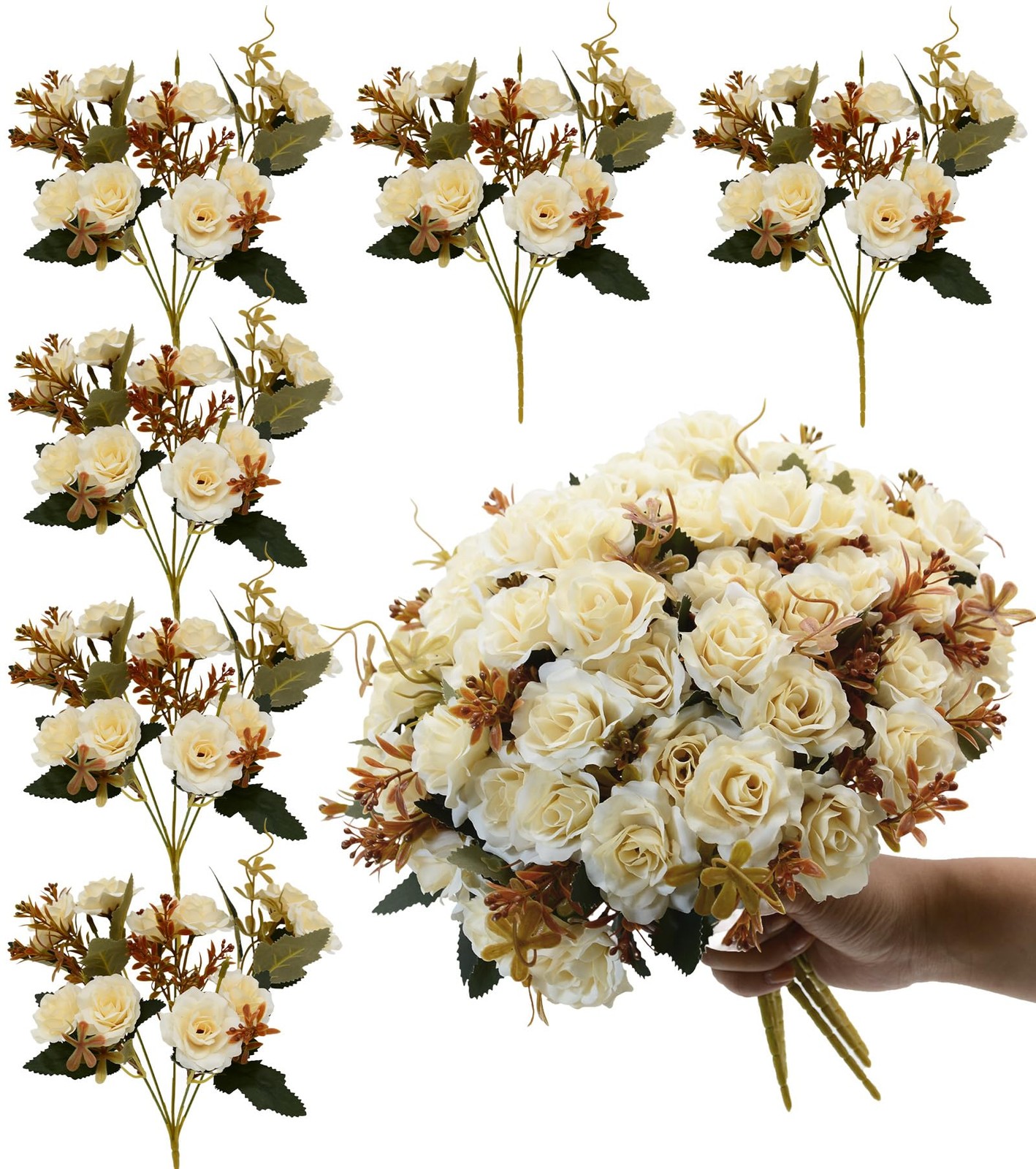 6 PCS White Silk Rose Bouquet 10 Flowers Per Pack Mini Fake Rose Bunches
