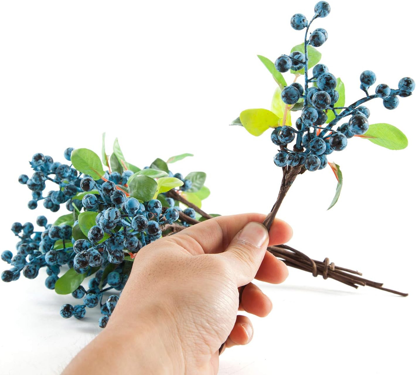 Artificial Blue Berry Stems Pack of 20 Fake Blue Berries with Green Leaves 9.8 I