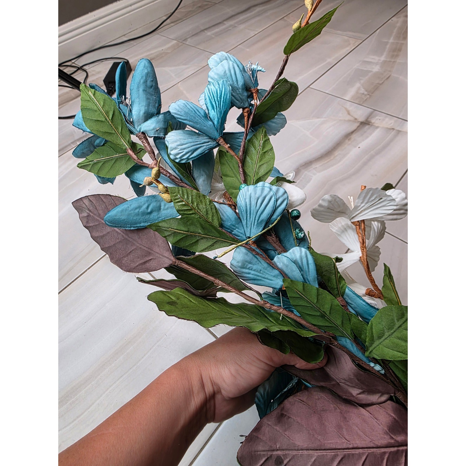 Large Teal & White Floral Wall Decor Metal Flower Wall Art 37″ Wide