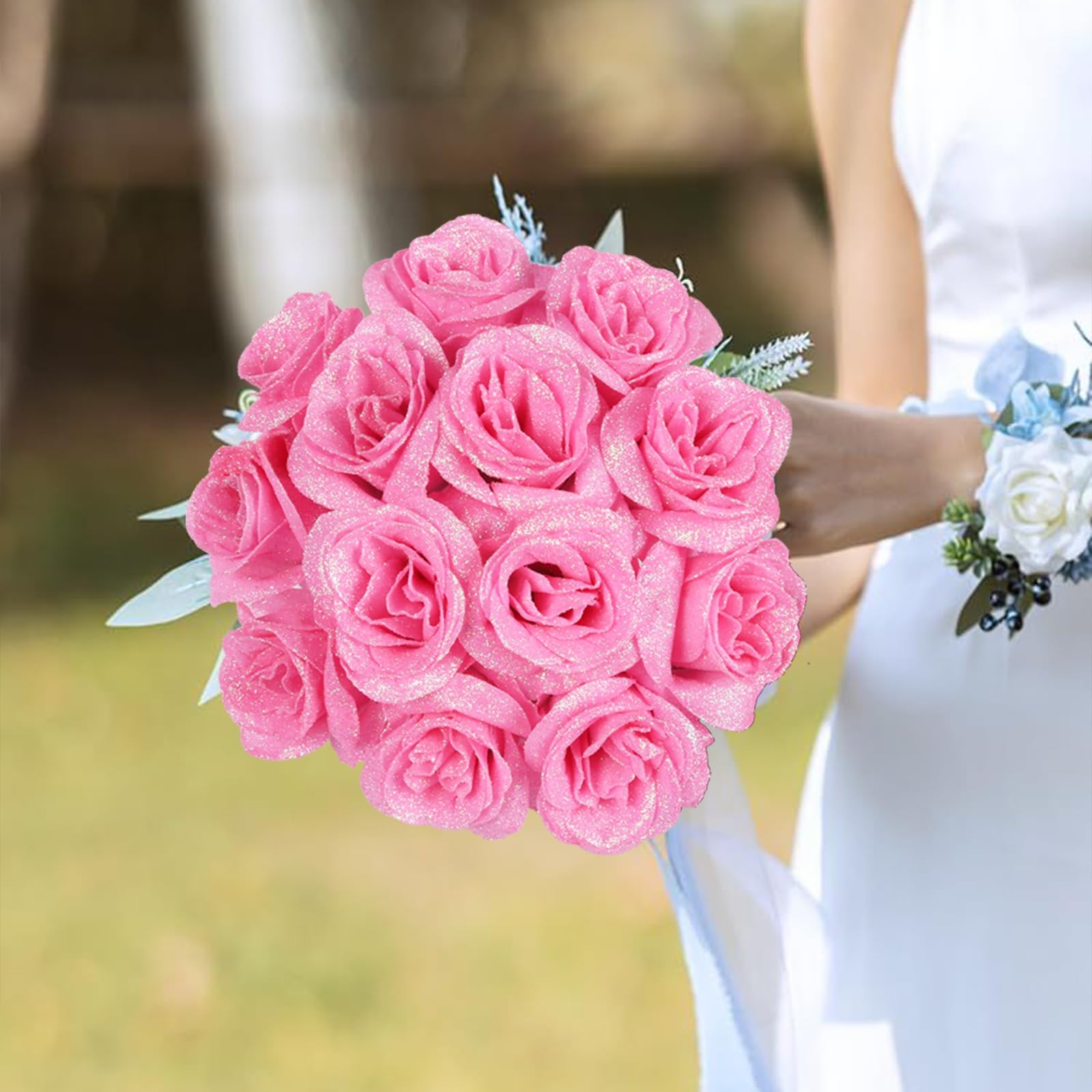 Pink Artificial Fake Glitter Roses Bling Silk Flowers DIY Craft Bouquet 30 PCS