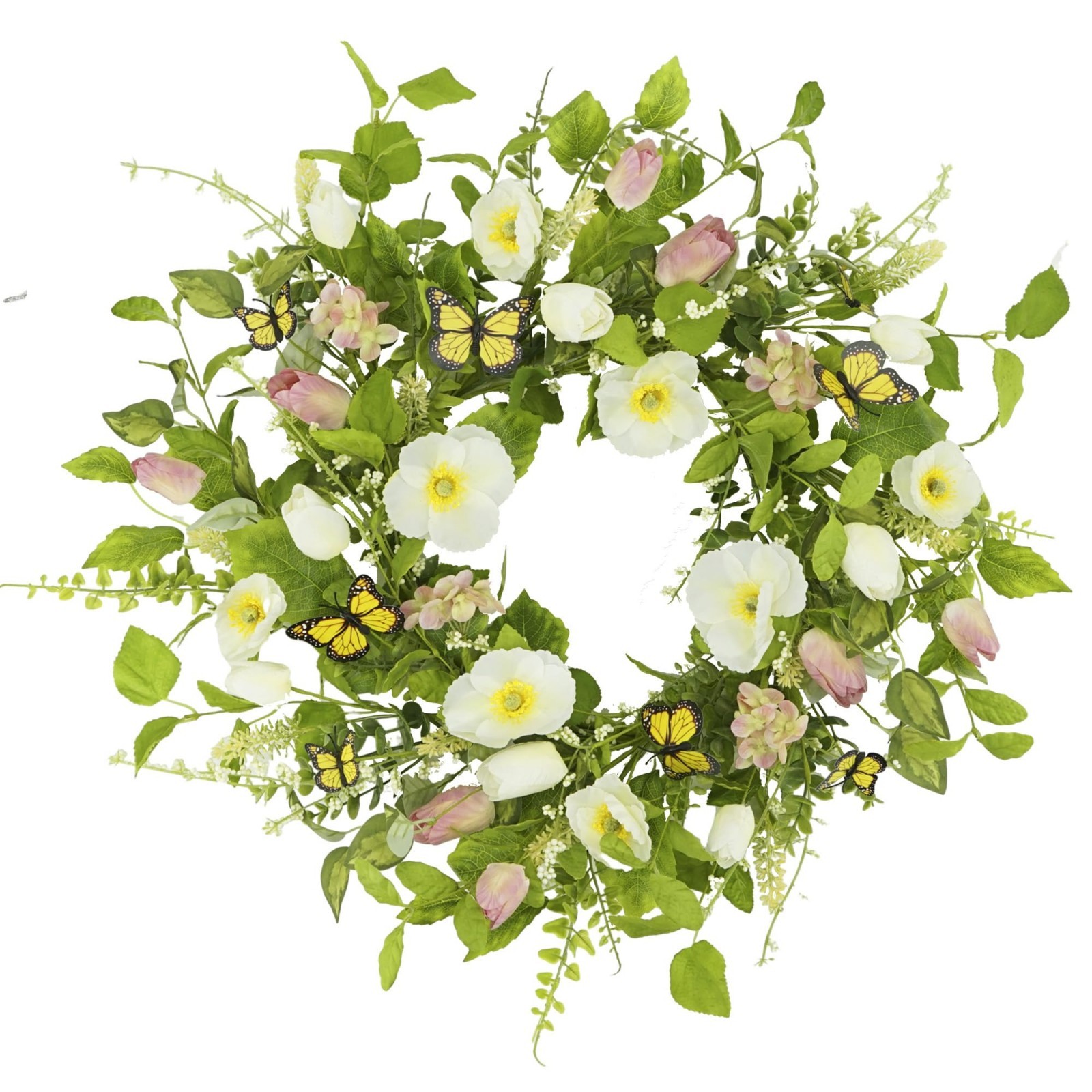 18″ Floral Wreath with Eucalyptus & Butterflies – Spring Summer Door Decor, Gree