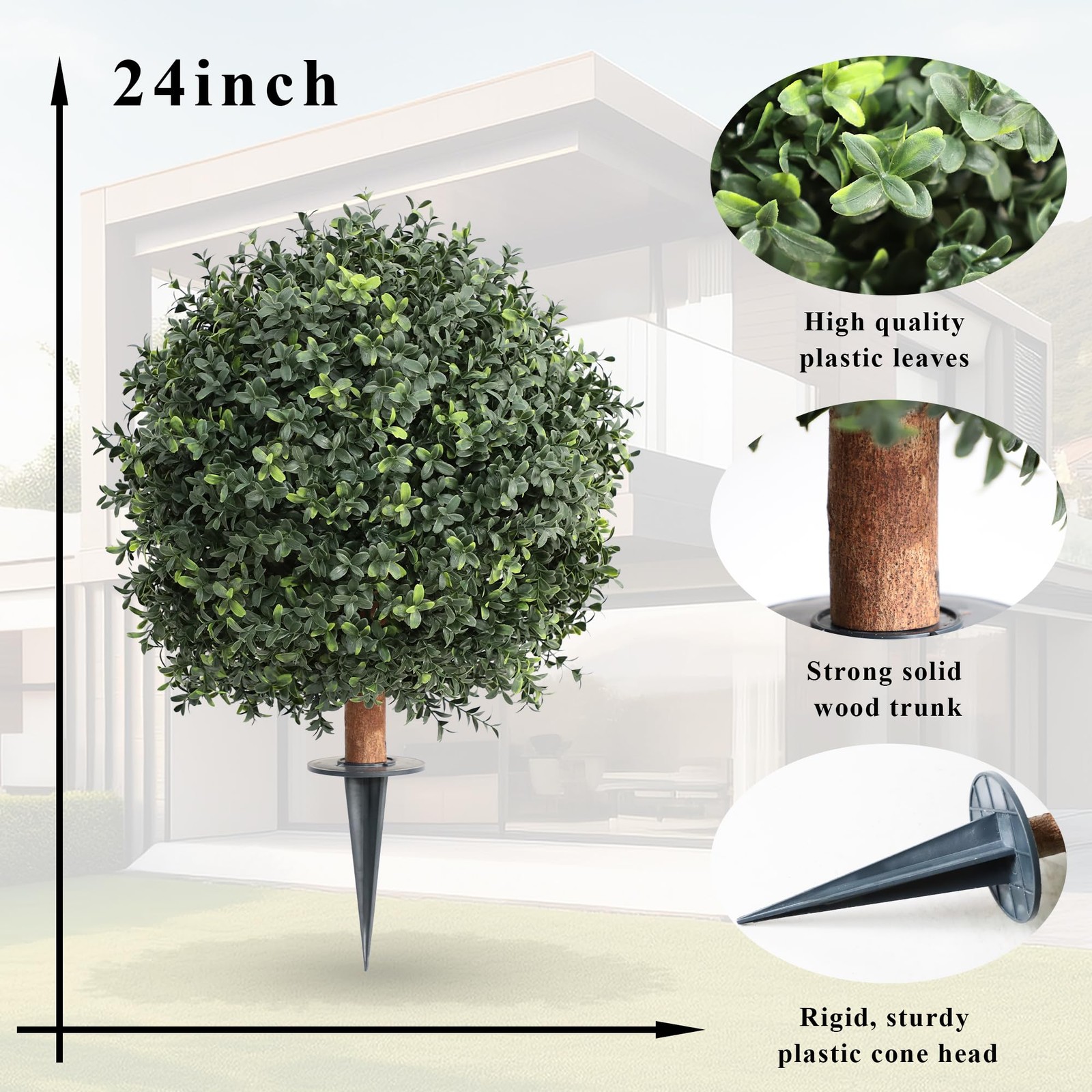 Artificial Boxwood Bush 24″ Tree UV Resistance with Spike. Easy to Push in Th…