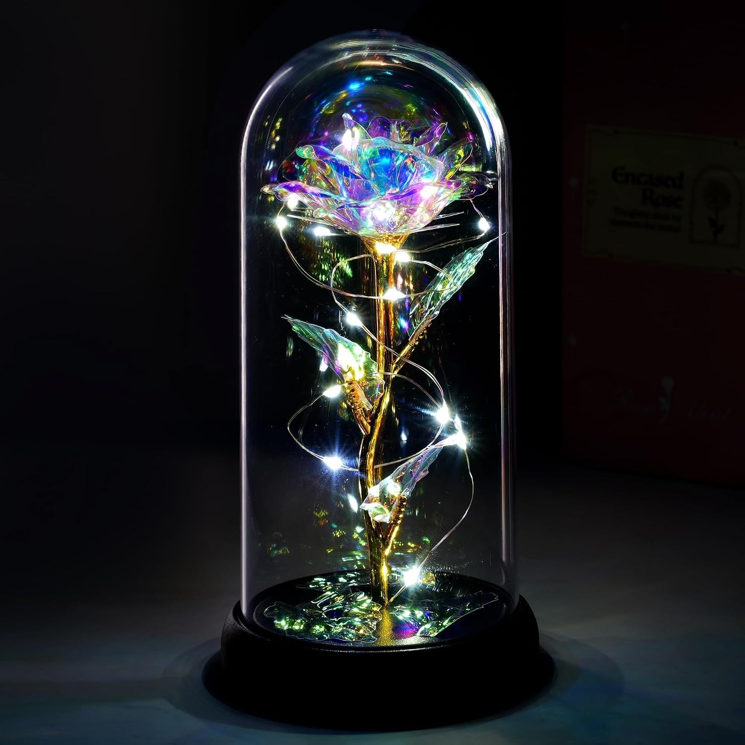 Galaxy Glass Rose in Glass Dome – Light Up Crystal Rose Forever Flower |Birthday