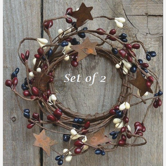 NEW Primitive Berry Candle Ring 2pcs Rusty Stars 2″ NAVY RED IVORY Americana